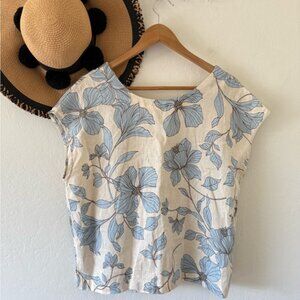 Cynthia Rowley Linen Floral Cream and Blue Button Back Blouse